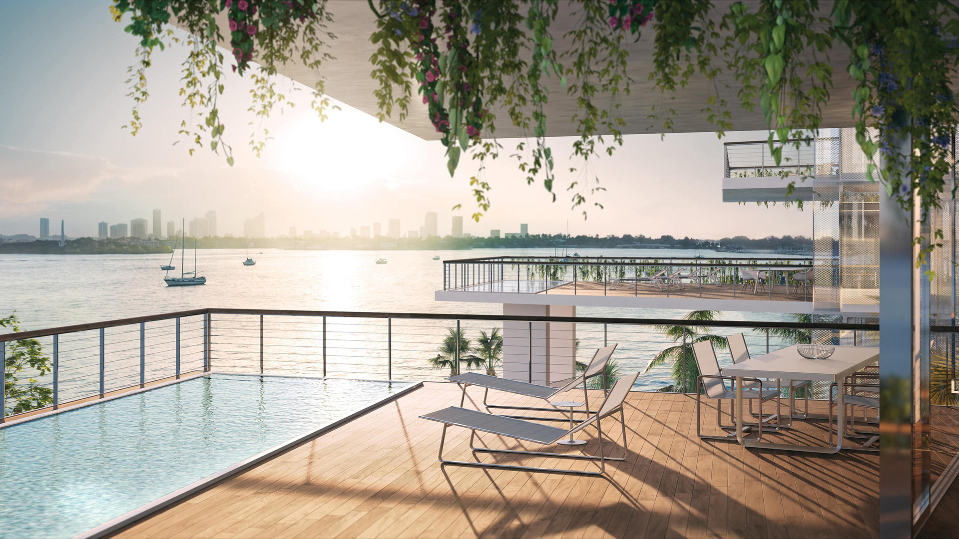 large outdoor terrace with wooden flooring, a private pool, and hanging gardens outside one of the residences at Monad Terrace