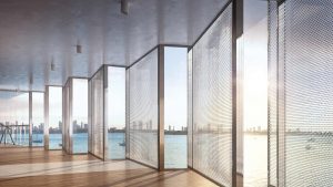 Steel panels and windows with view of Biscayne bay inside apartment