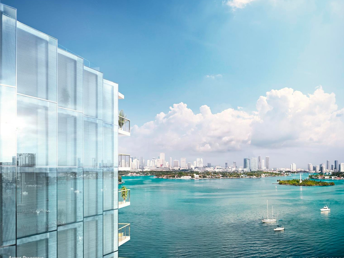 glass building and waterfront view of Biscayne Bay from inside Monad Terrace