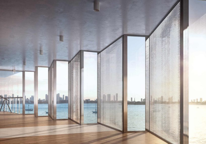 Steel panels and windows with view of Biscayne bay inside apartment